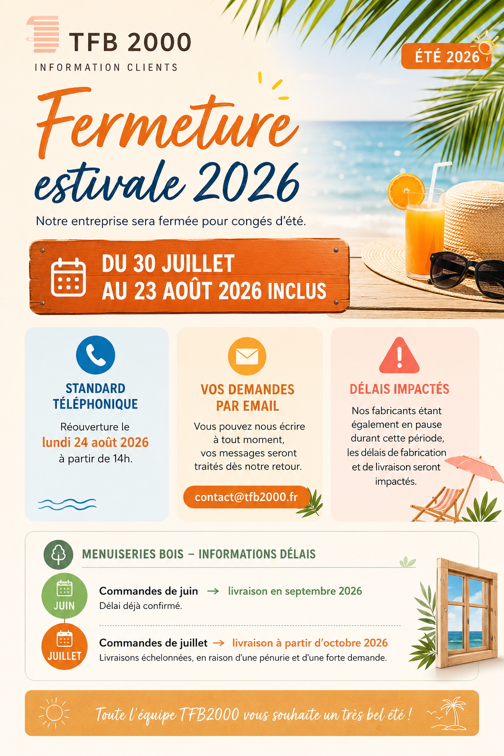 📢 Fermeture exceptionnelle du bureau le 13 Juillet 2026 & Congés d'été du 30 Juillet au 23 Août 2026 inclus